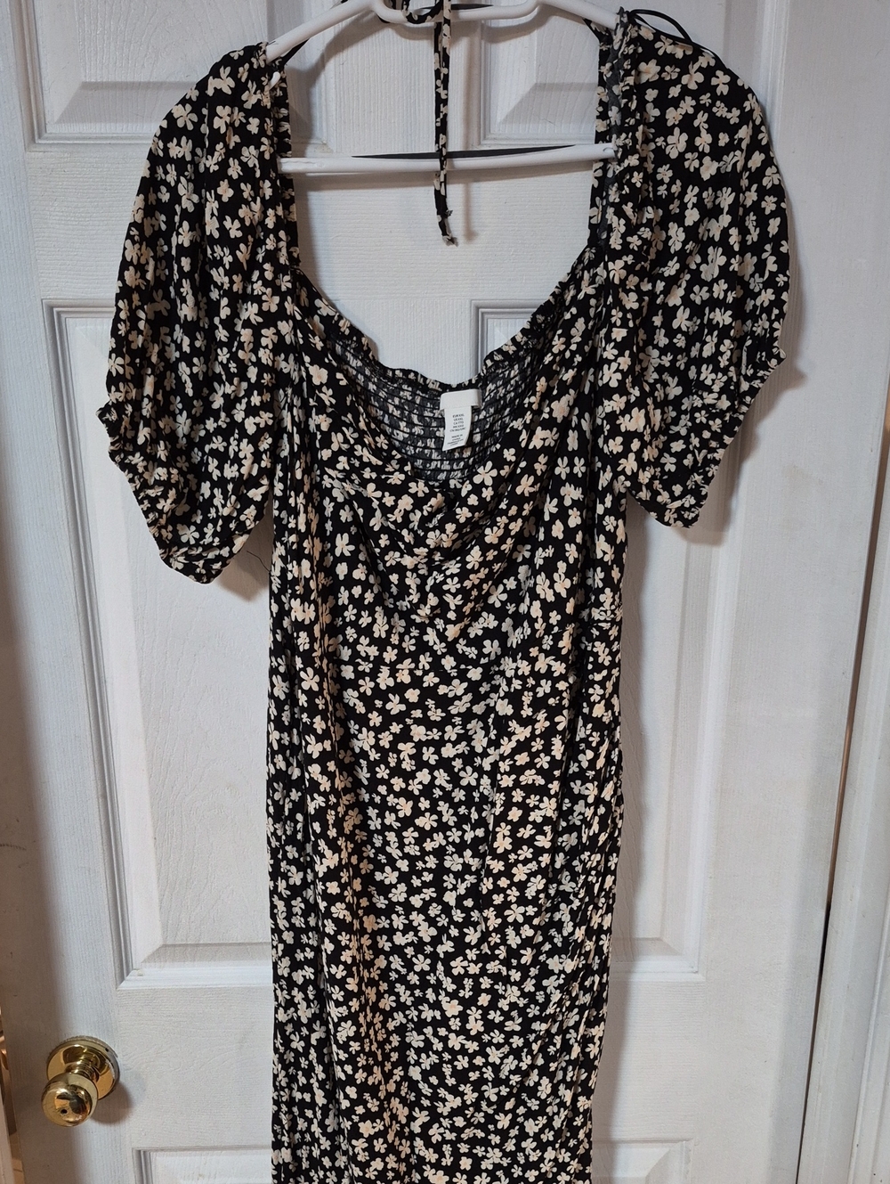 H&M Black Midi Dress with Cream Floral Print and Puff Sleeves